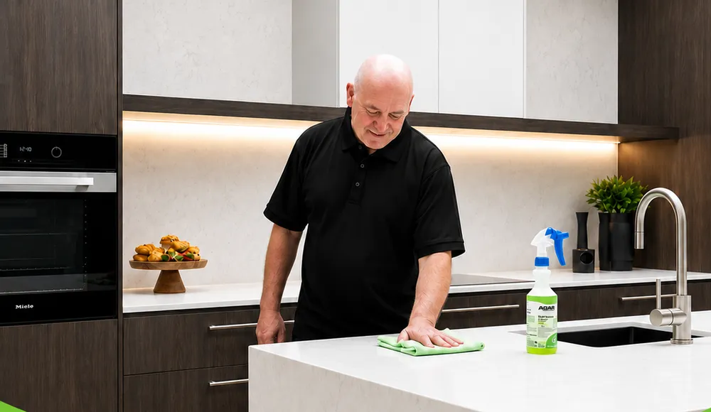 An Adelaide Cleaning Co. cleaner in uniform wiping down a kitchen benchtop with professional products